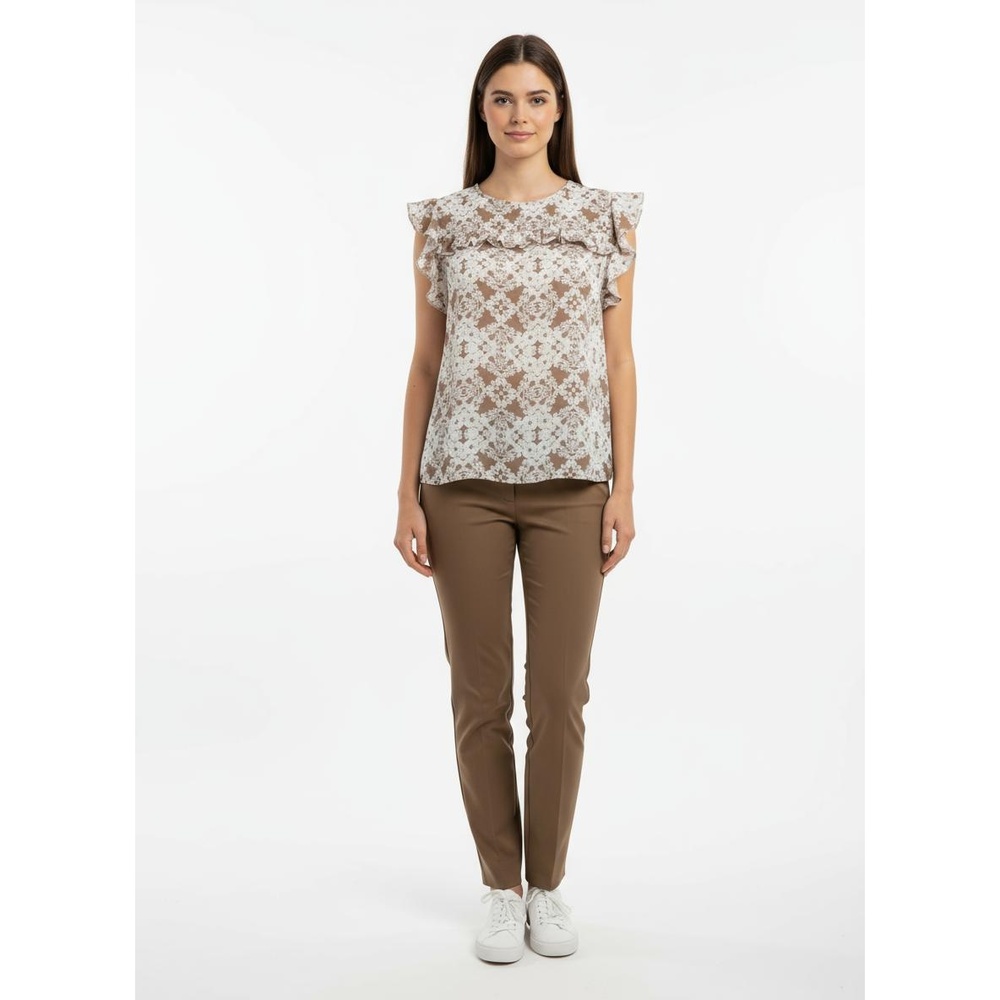 Worthington Blouse Womens Size XS Tan White Patterned Ruffled Short Sleeve Damas